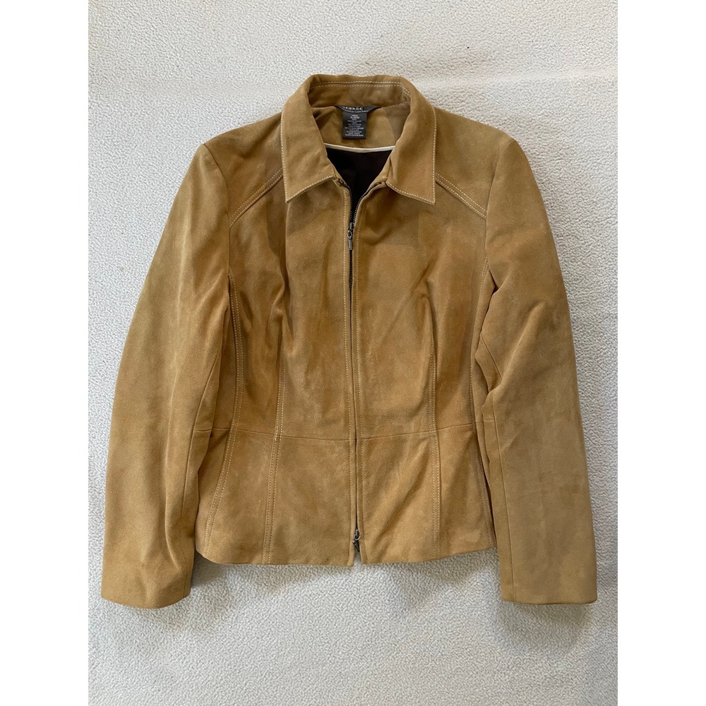 George Women Large Jacket Tan Suede Leather Contrast Stitch Zip Up Western